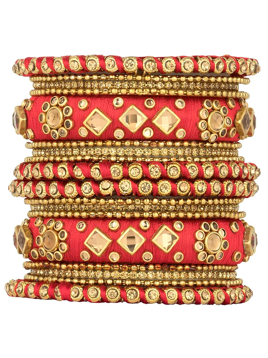 Bliss Silk Thread Kundan Bangle - Red