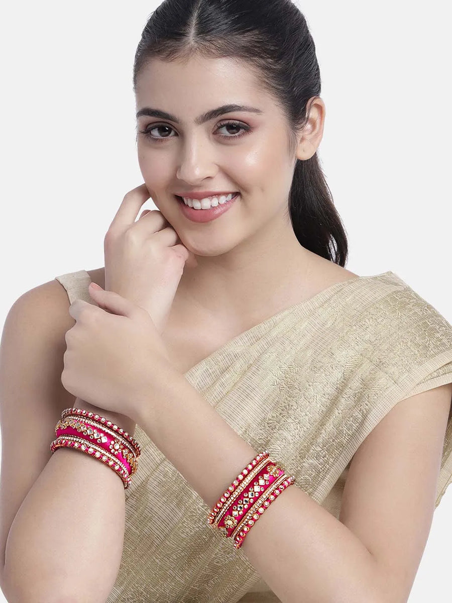Bliss Silk Thread Kundan Bangle - Rani Pink White