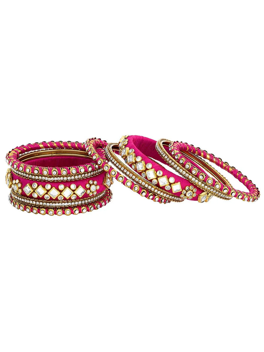 Bliss Silk Thread Kundan Bangle - Rani Pink White