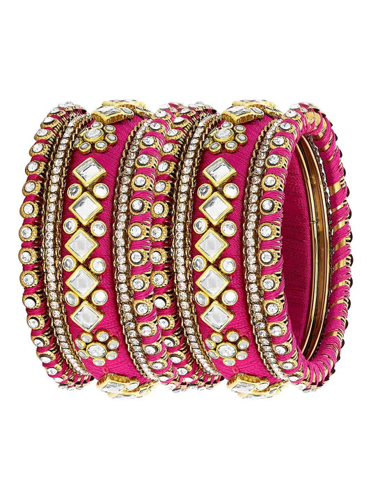 Bliss Silk Thread Kundan Bangle - Rani Pink White