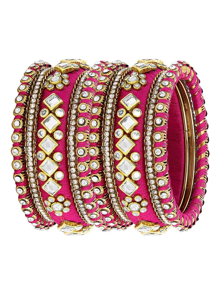 Bliss Silk Thread Kundan Bangle - Rani Pink White