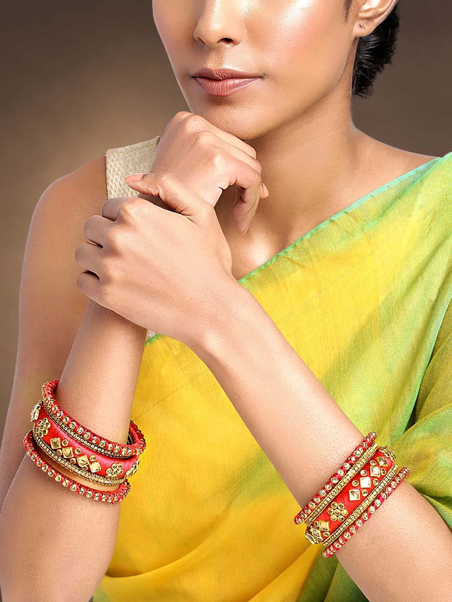 Bliss Silk Thread Kundan Bangle - Red