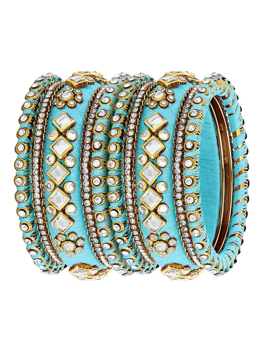 Bliss Silk Thread Kundan Bangle - Sky Blue