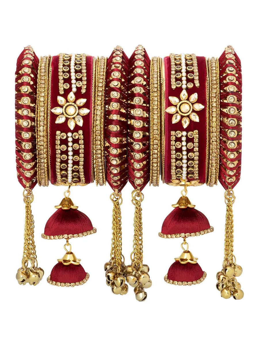 Blooms Kundan Floral Silk Thread Bangle - Maroon