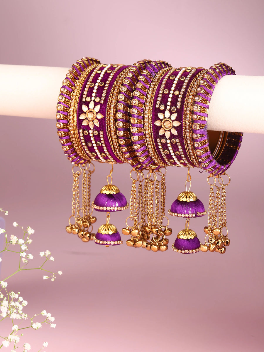 Blooms Kundan Floral Silk Thread Bangle - Purple