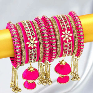 Blooms Kundan Floral Silk Thread Bangle - Rani Pink