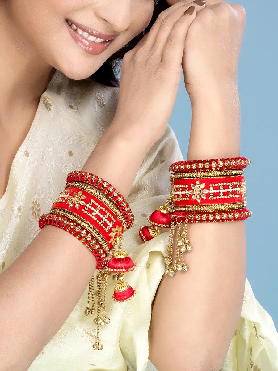 Blooms Kundan Floral Silk Thread Bangle - Red