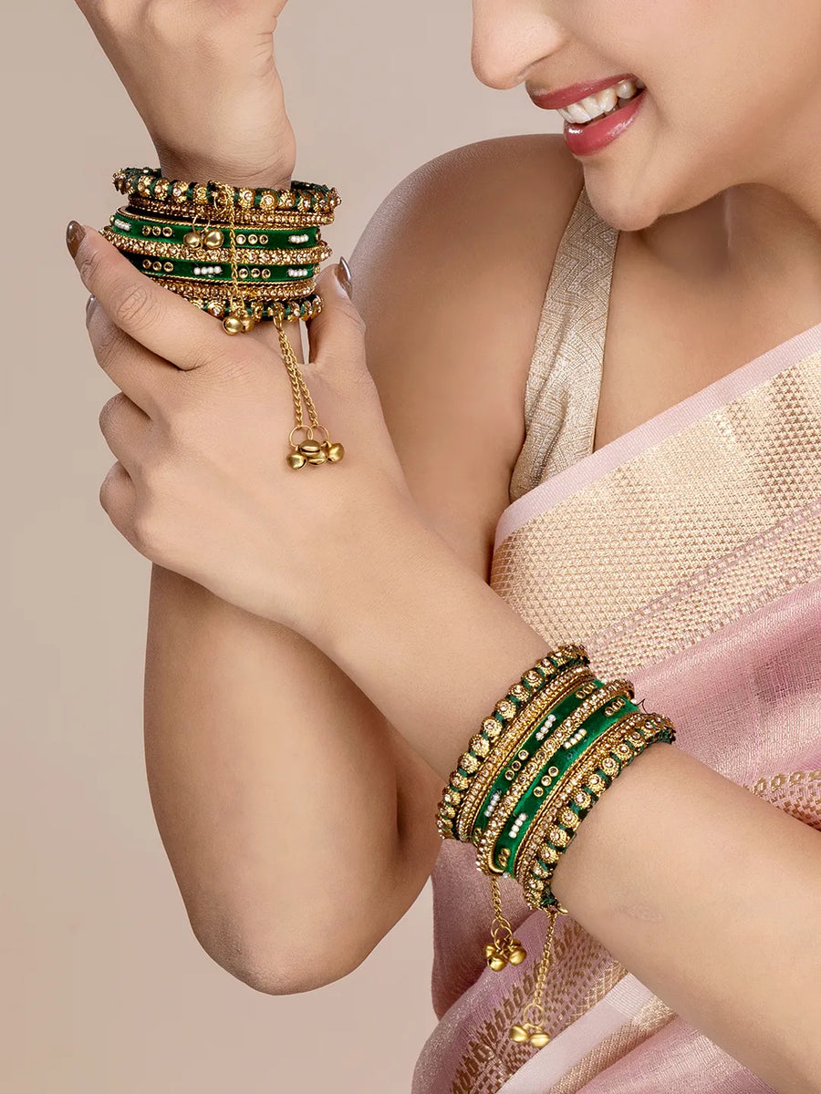 Lush Kundan Silk Thread Bangles - Green