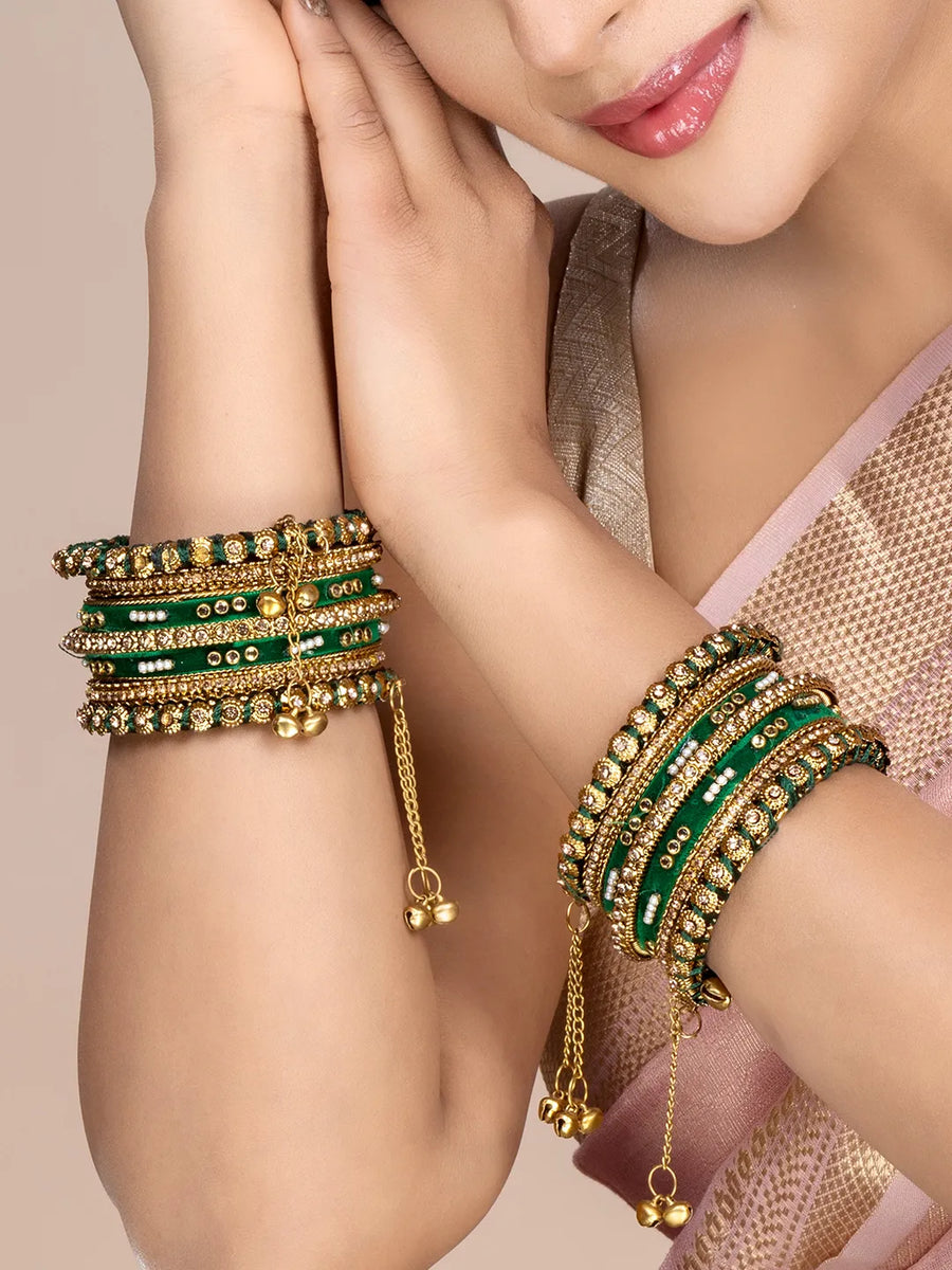 Lush Kundan Silk Thread Bangles - Green