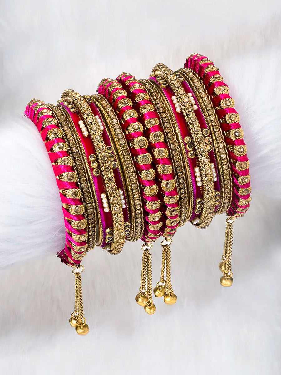Lush Kundan Silk Thread Bangles - Rani Pink