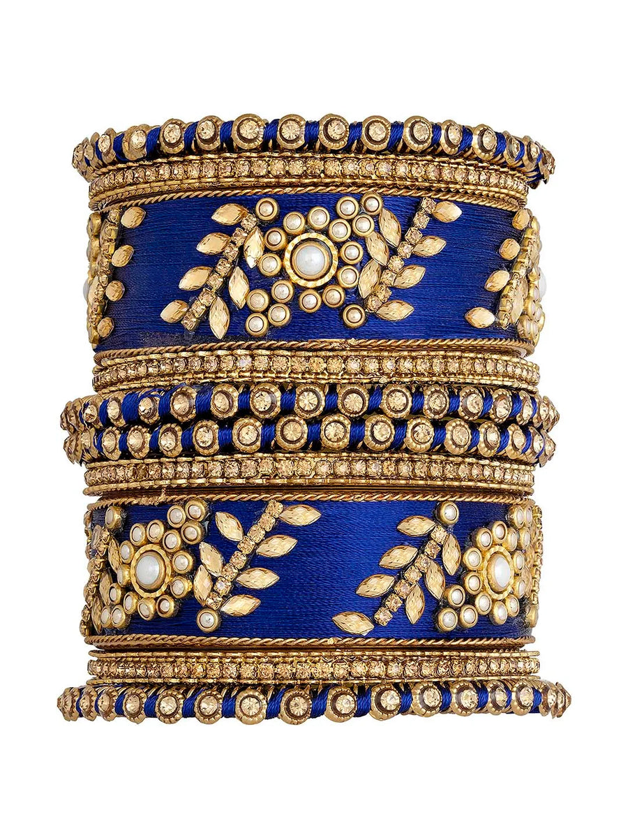 Vibrant Kundan Bangles with Silk Threads - Blue