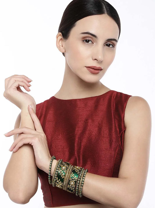 Vibrant Kundan Bangles with Silk Threads - Dark Green