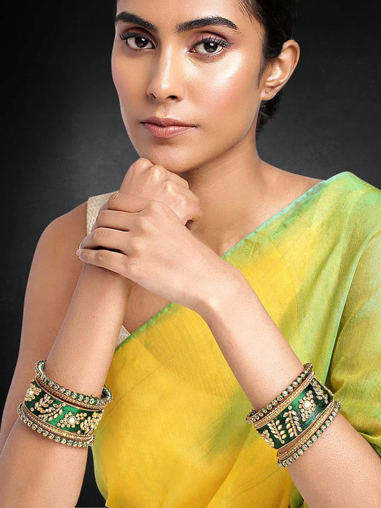 Vibrant Silk Threads Kundan Bangles - Dark Green
