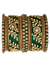 Vibrant Silk Threads Dark Green Kundan Bangles