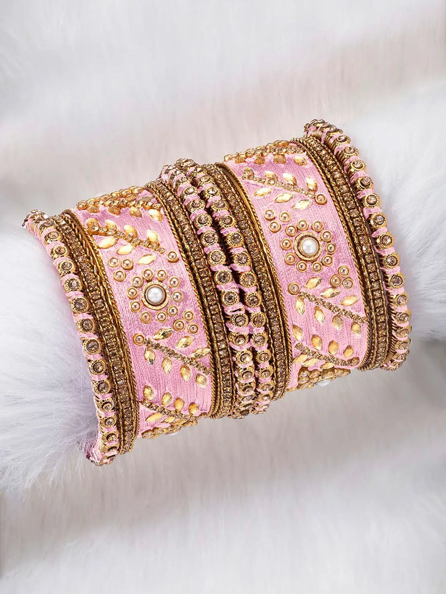 Vibrant Kundan Bangles with Silk Threads - Light Pink