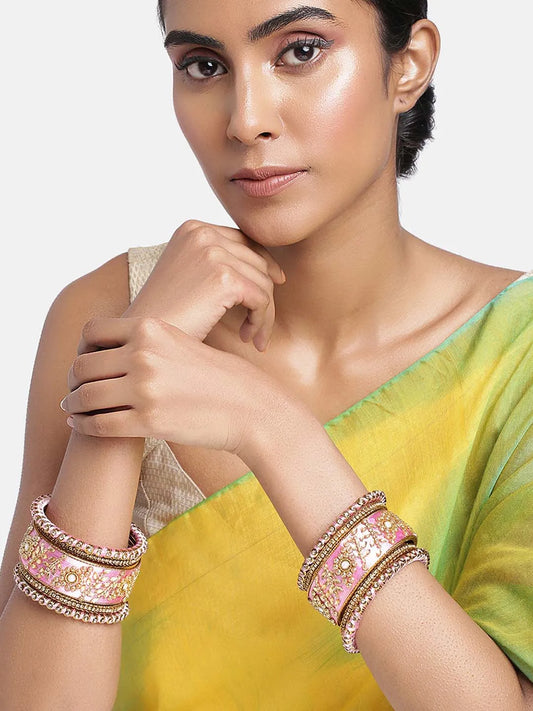 Vibrant Kundan Bangles with Silk Threads - Light Pink