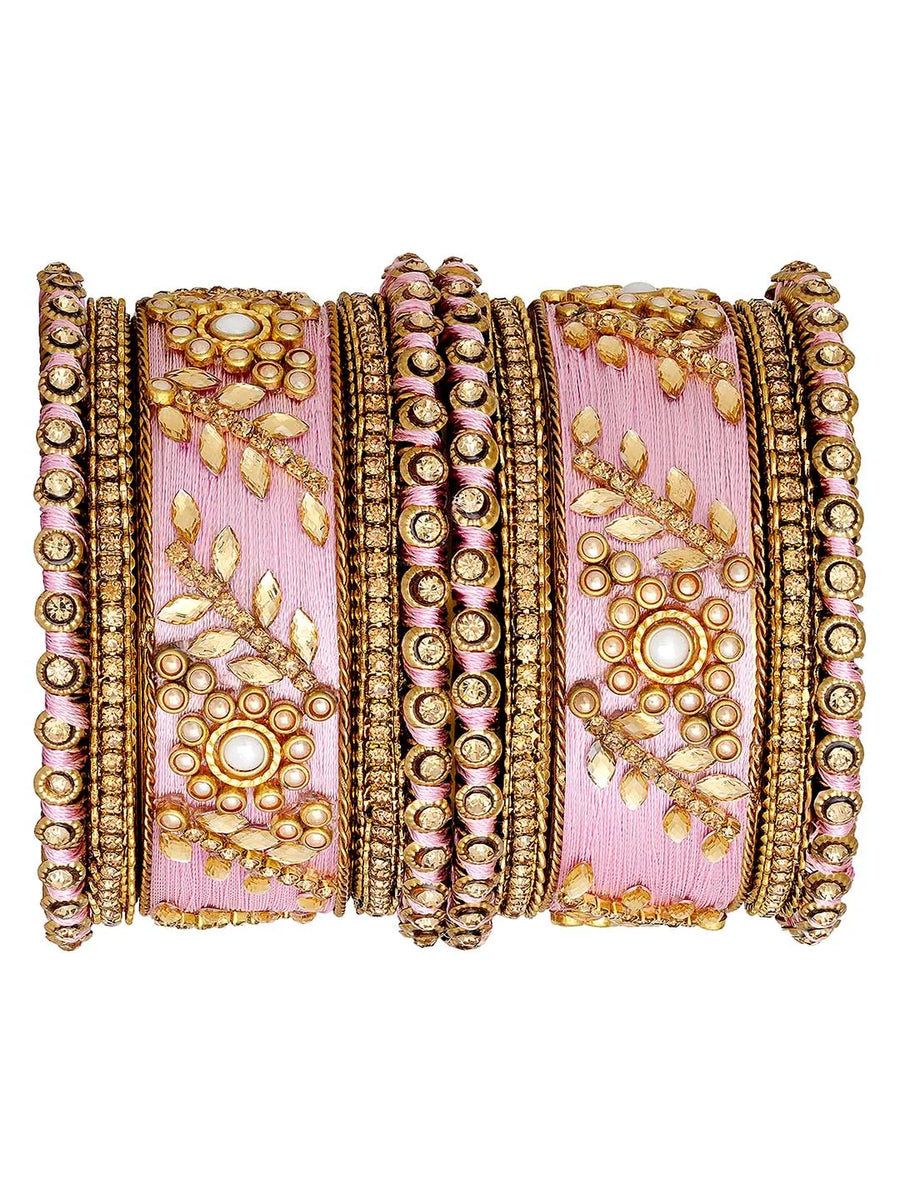Vibrant Kundan Bangles with Silk Threads - Light Pink