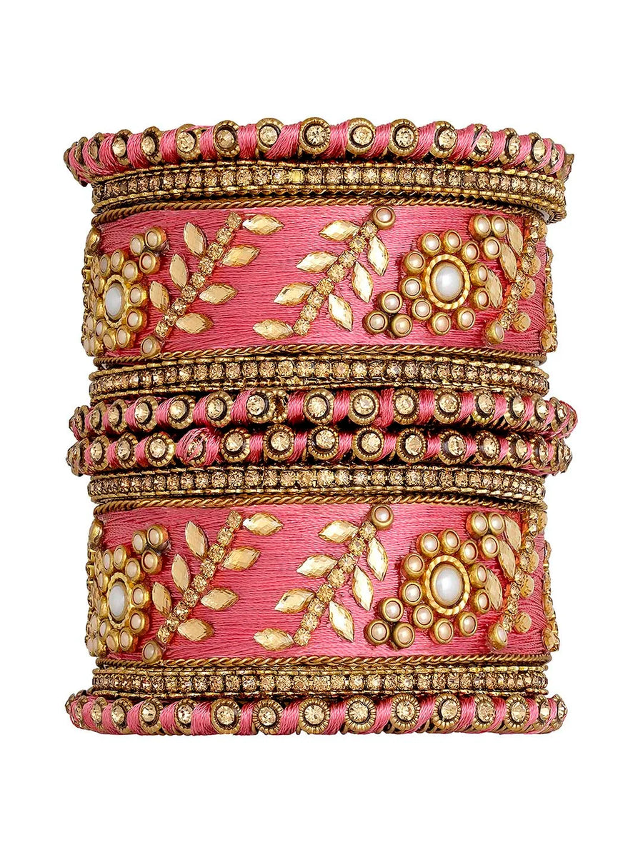 Vibrant Kundan Bangles with Silk Threads - Pink