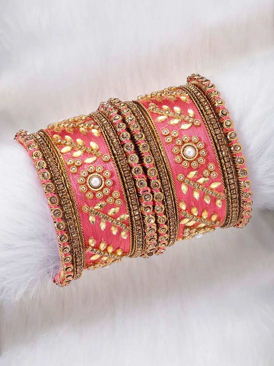 Vibrant Kundan Bangles with Silk Threads - Pink