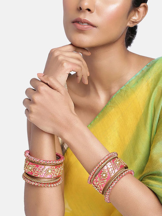 Vibrant Kundan Bangles with Silk Threads - Pink