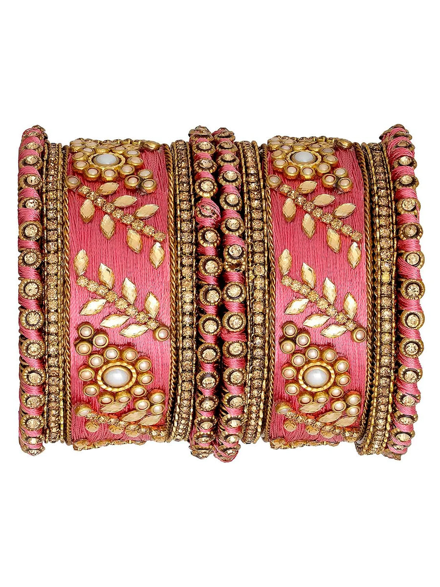 Vibrant Kundan Bangles with Silk Threads - Pink