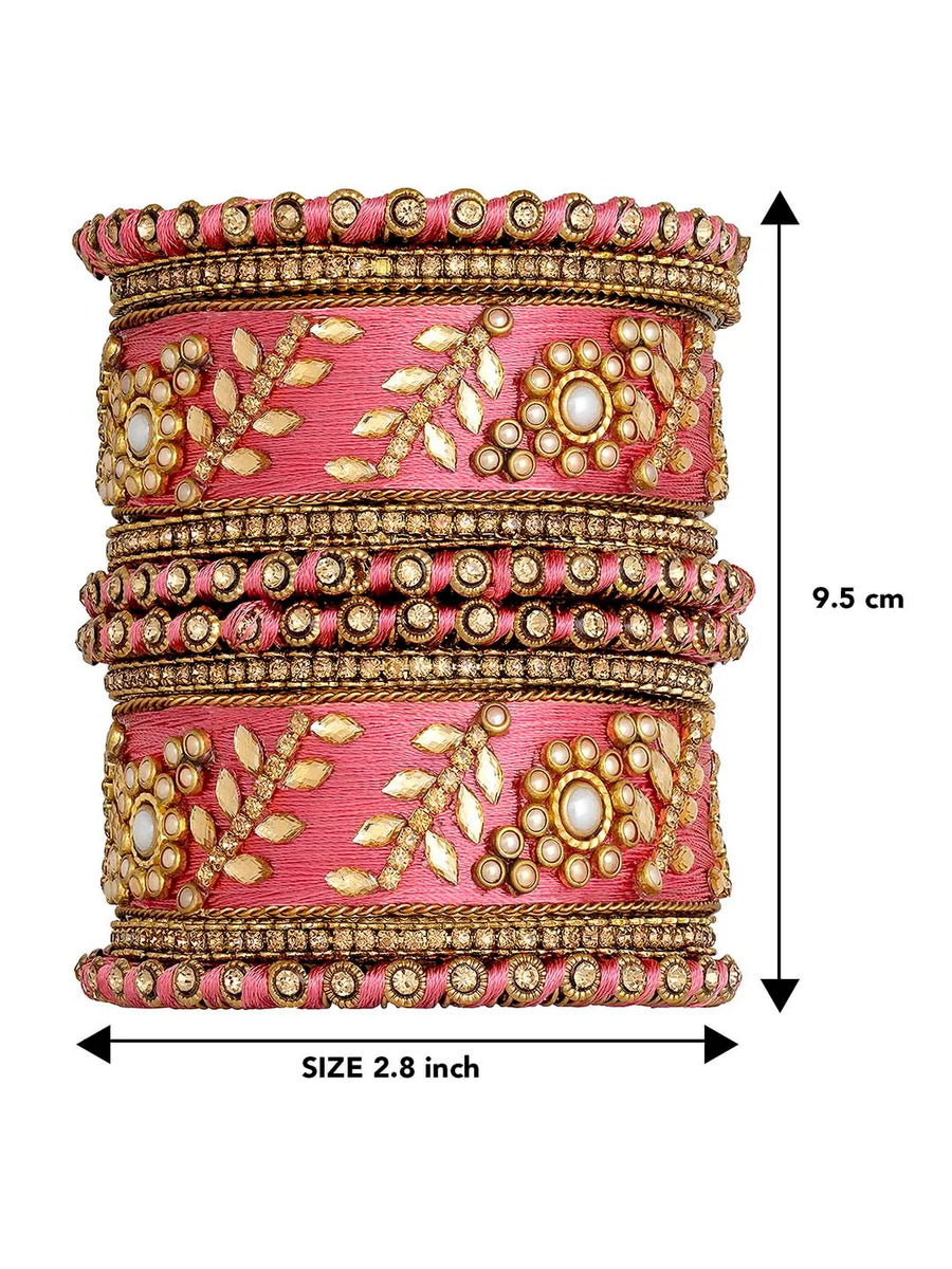 Vibrant Kundan Bangles with Silk Threads - Pink