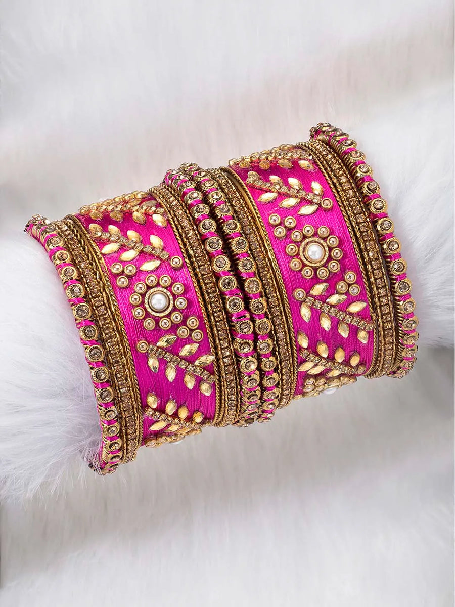 Vibrant Silk Threads Kundan Bangles - Rani Pink
