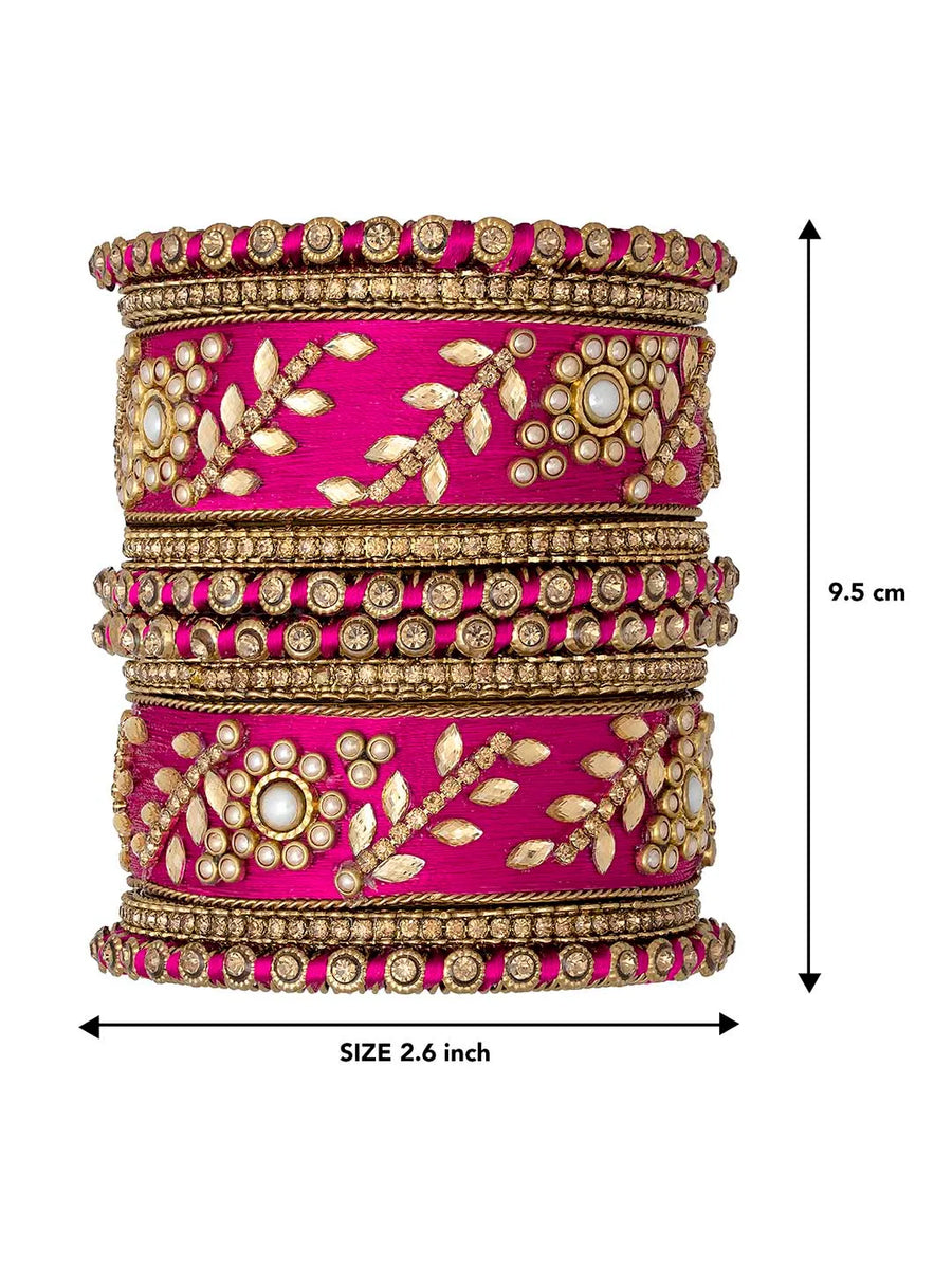 Vibrant Silk Threads Kundan Bangles - Rani Pink