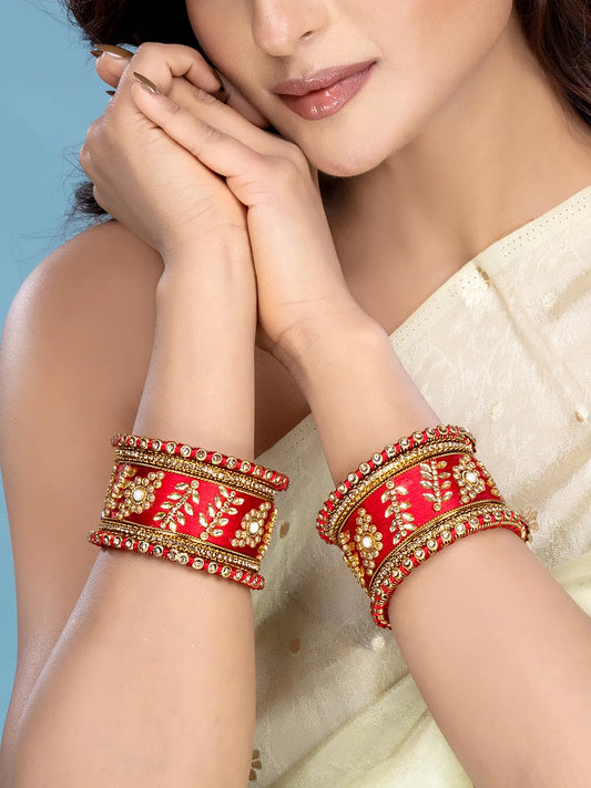 Vibrant Kundan Bangles with Silk Threads - Red