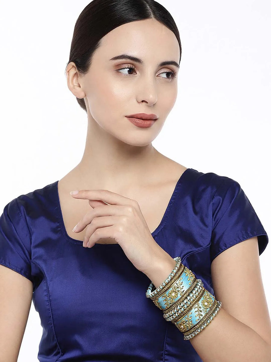 Vibrant Kundan Bangles with Silk Threads - Sky Blue