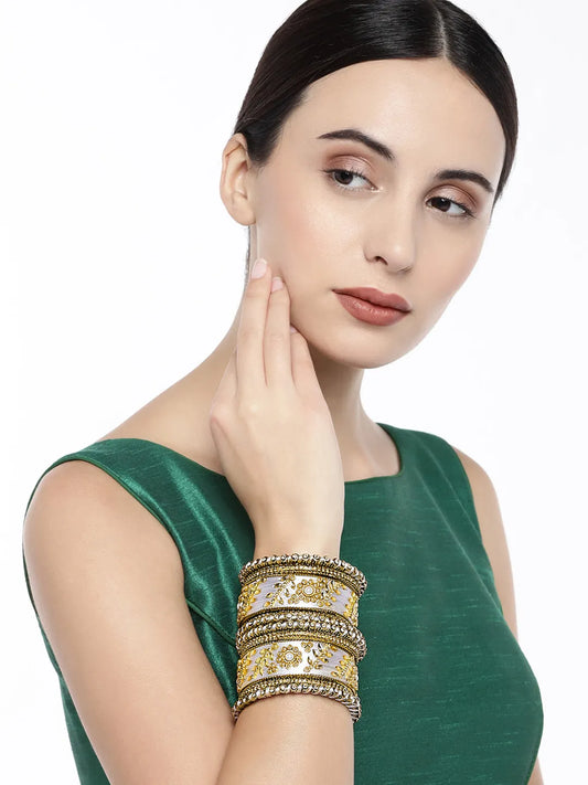 Vibrant Kundan Bangles with Silk Threads - White