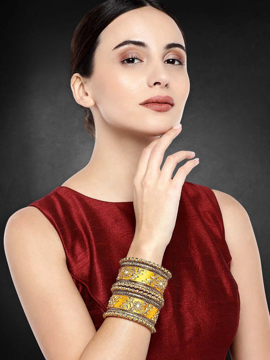 Vibrant Kundan Bangles with Silk Threads - Yellow
