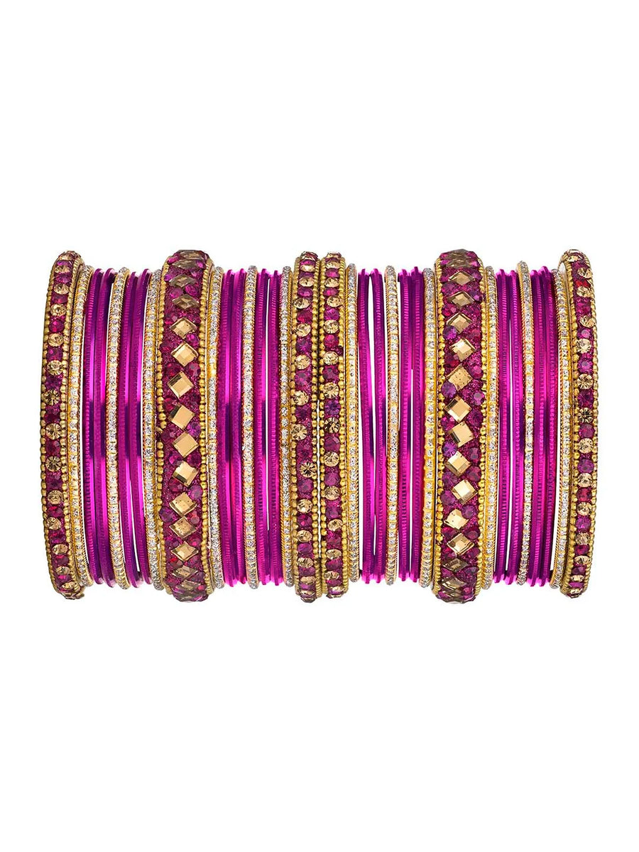 Garden Glamour Metal Bangles Set - Rani Pink