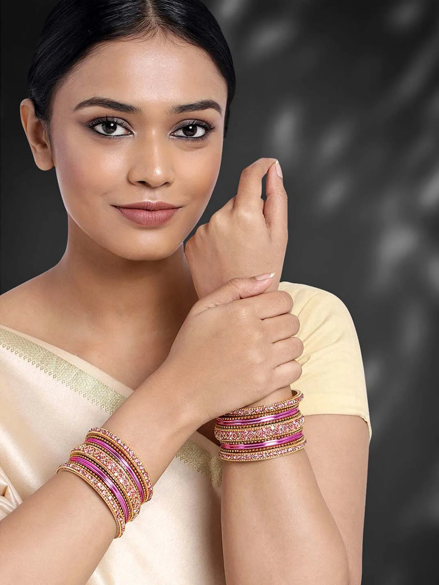 Ruby Radiance Metal Bangle Set - Pink