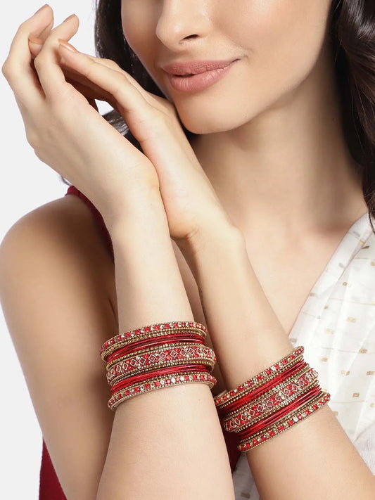 Ruby Radiance Metal Bangle Set - Red