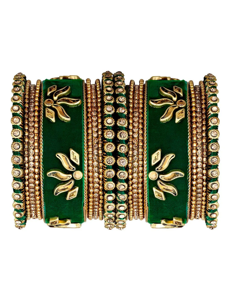 Emerald Charms Silk Threaded Bangles - Green
