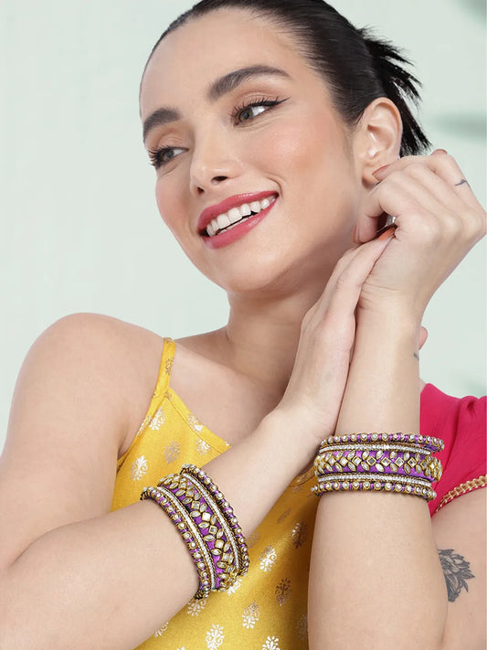 Peora Ethnic Purple Thread Kundan Bangle Set