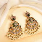 Floral Crescent Pearl Dangle Earrings - Green
