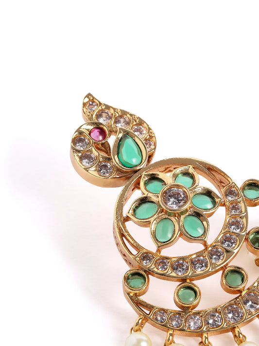 Floral Crescent Pearl Dangle Earrings - Green