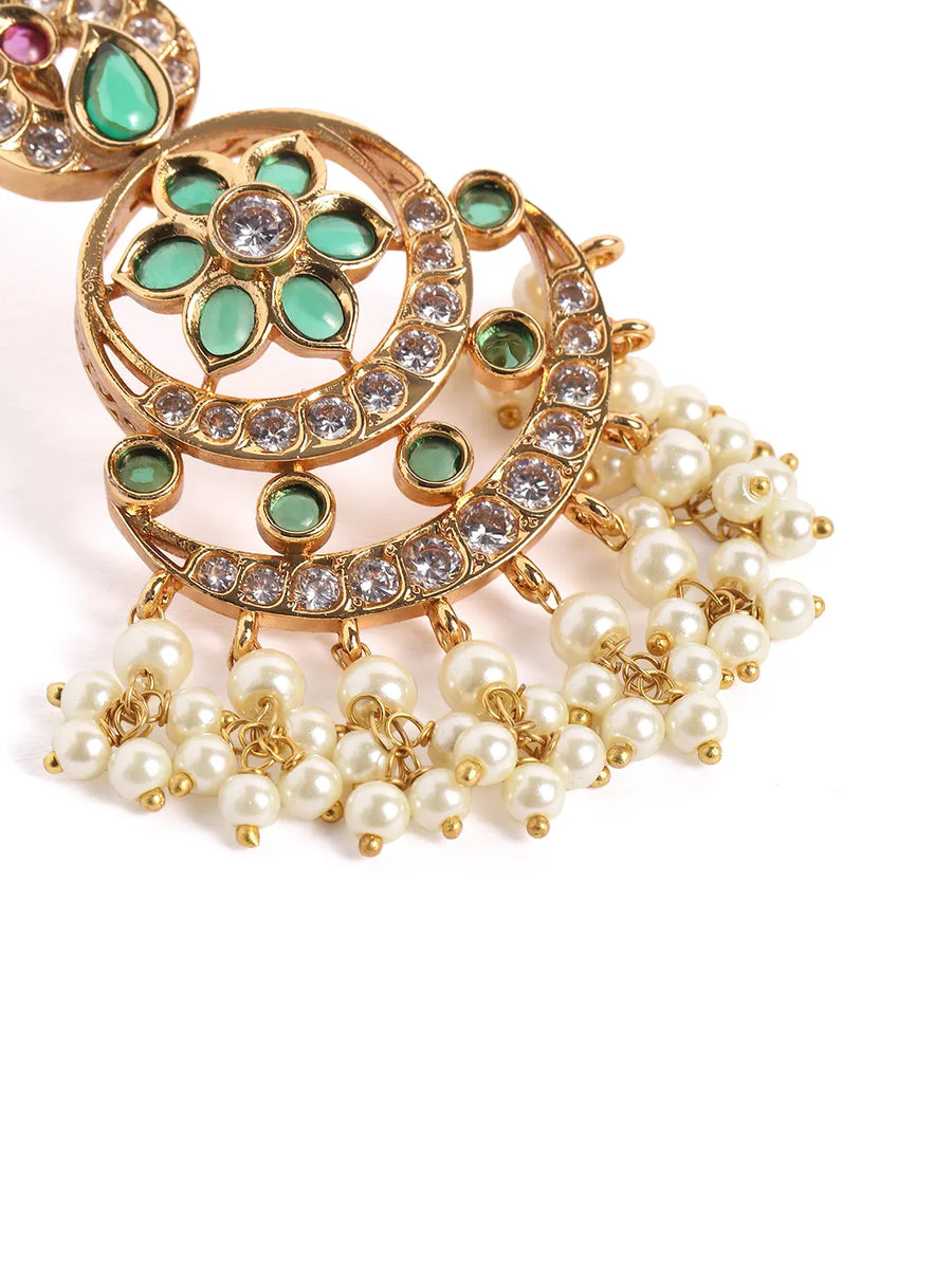 Floral Crescent Pearl Dangle Earrings - Green