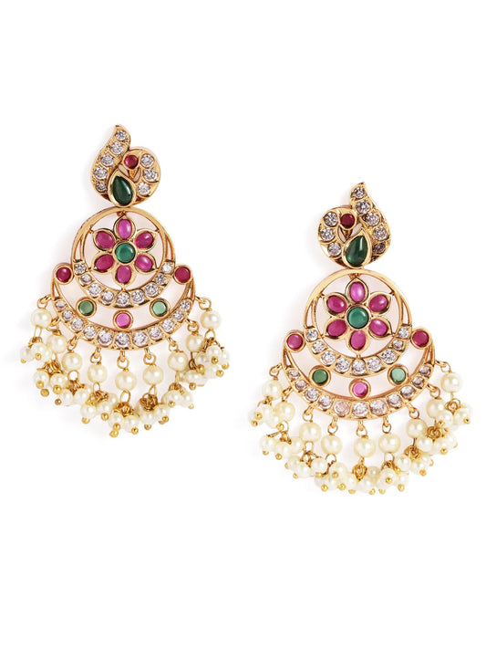 Floral Crescent Pearl Dangle Earrings - Rani Pink Green