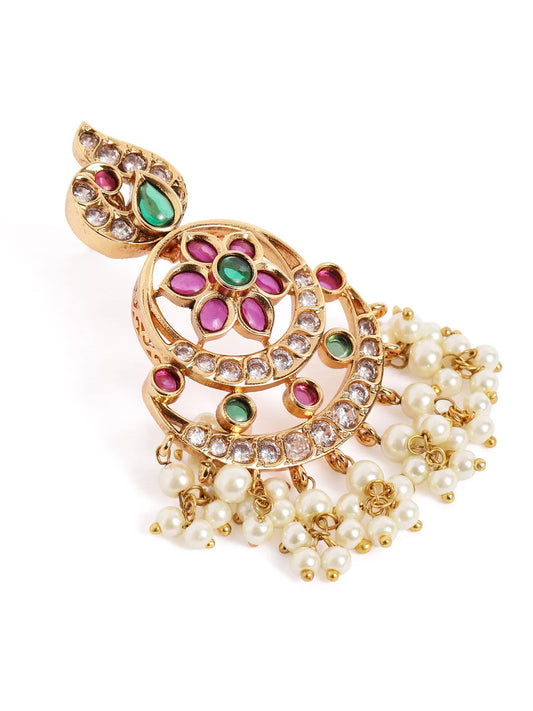 Floral Crescent Pearl Dangle Earrings - Rani Pink Green