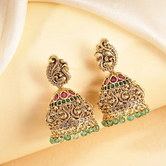 Peacock Carved Temple Jhumka Earrings