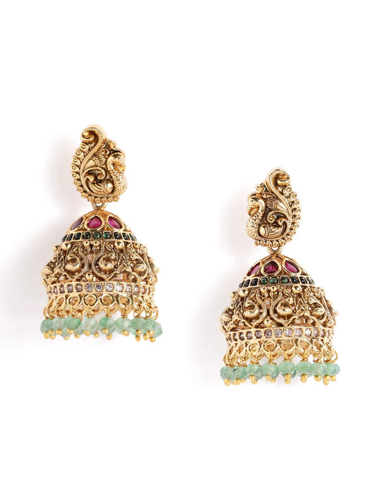 Peacock Carved Temple Jhumka Earrings