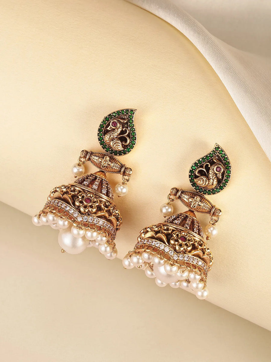 Peacock Motif Temple Pearl Jhumka