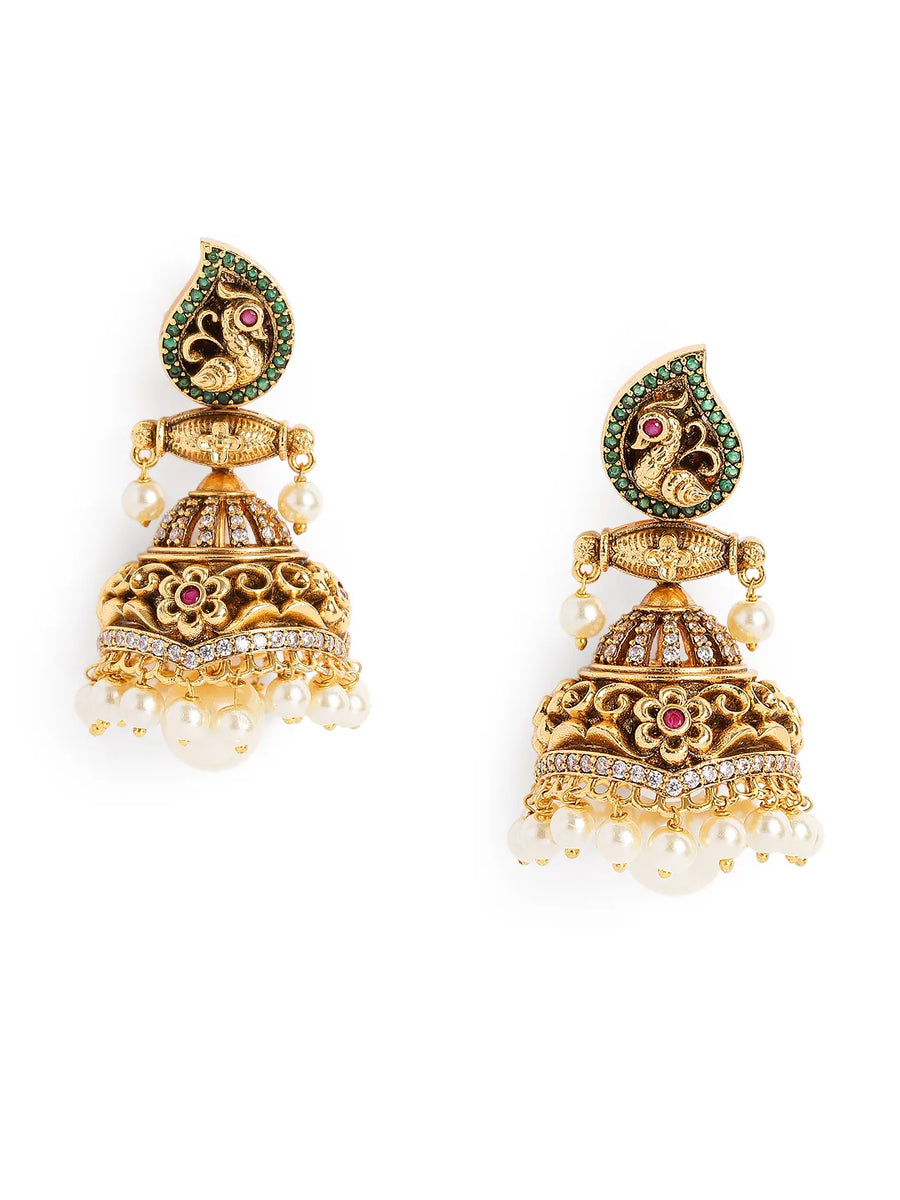 Peacock Motif Temple Pearl Jhumka