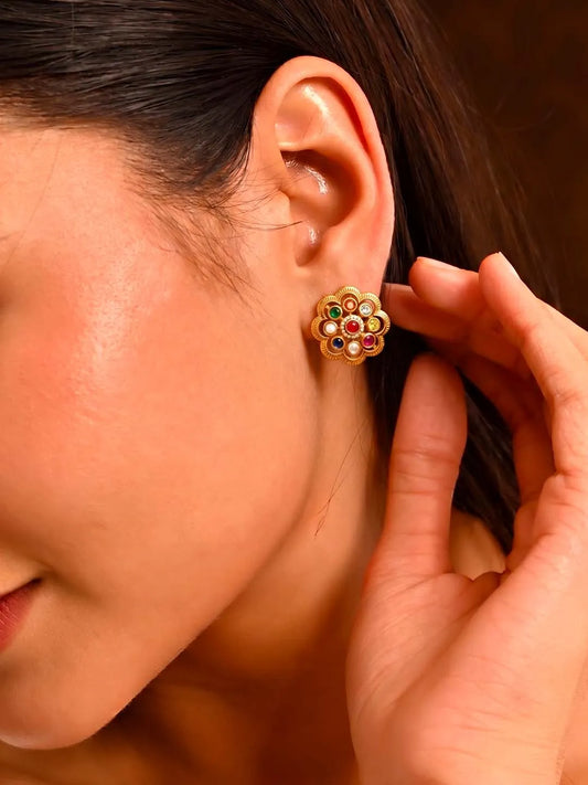 Navratna-Inspired Multicolour Stud Gold Plated Earrings