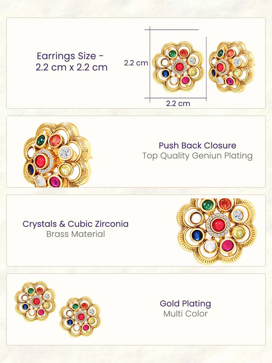 Navratna-Inspired Multicolour Stud Gold Plated Earrings