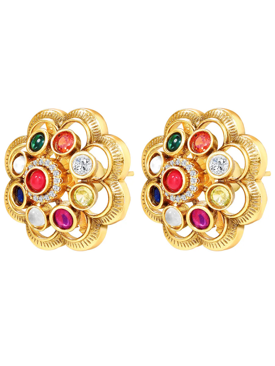 Navratna-Inspired Multicolour Stud Gold Plated Earrings