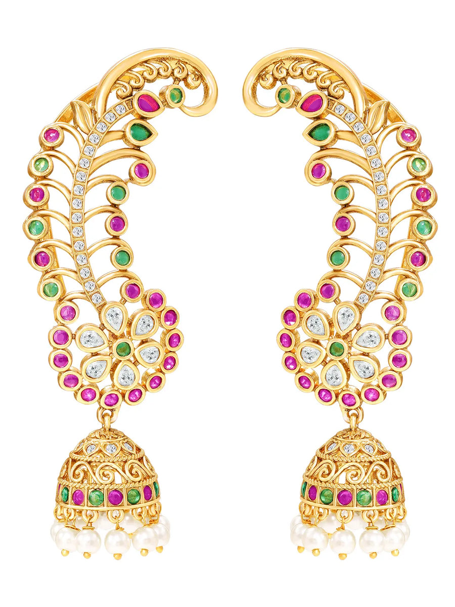 Royal Peacock Ruby & Emerald Kaan Phool Earrings
